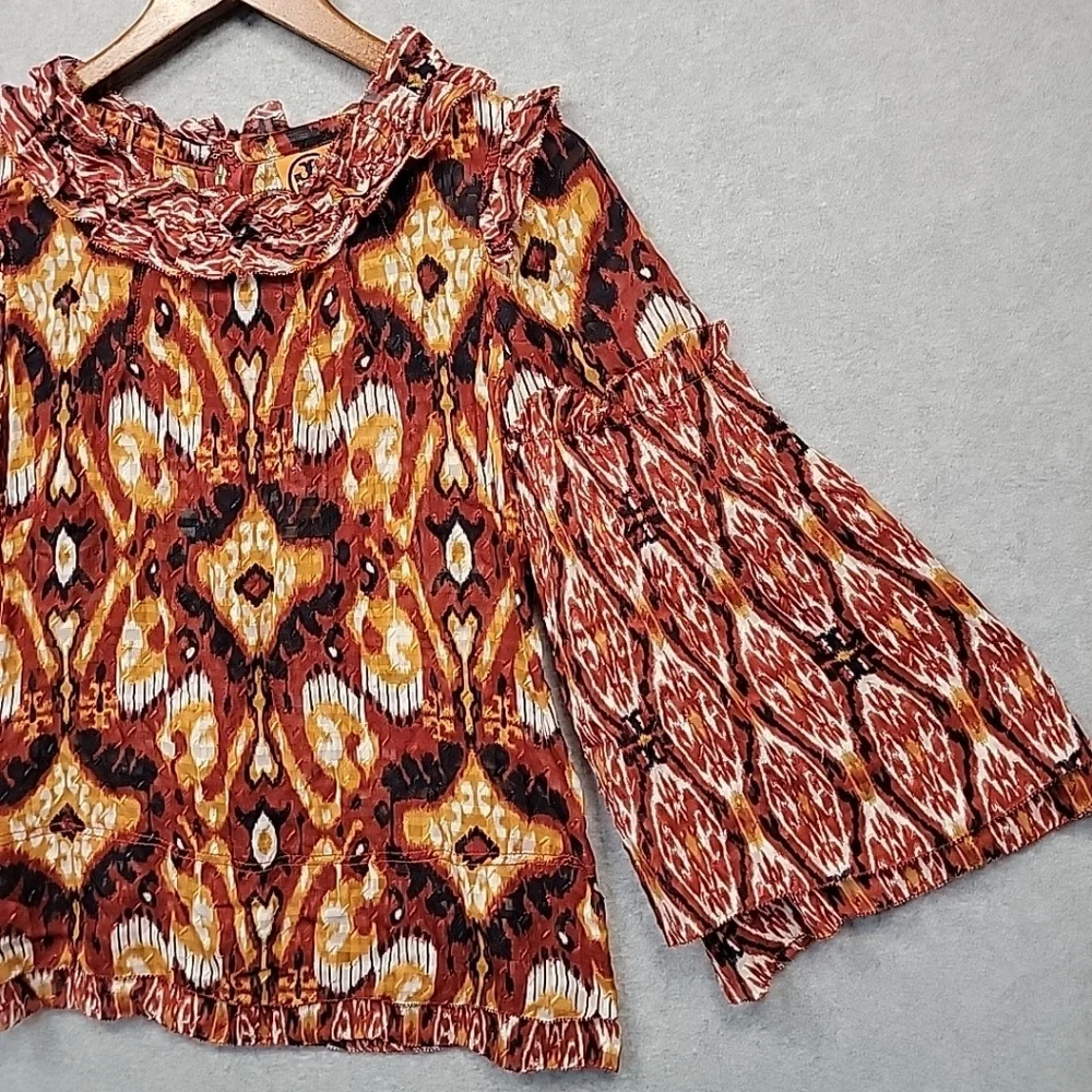 Tory Burch Silk Ikat Boho Blouse Size 6 Ruffle Peasant Flared Sleeve Layered Top